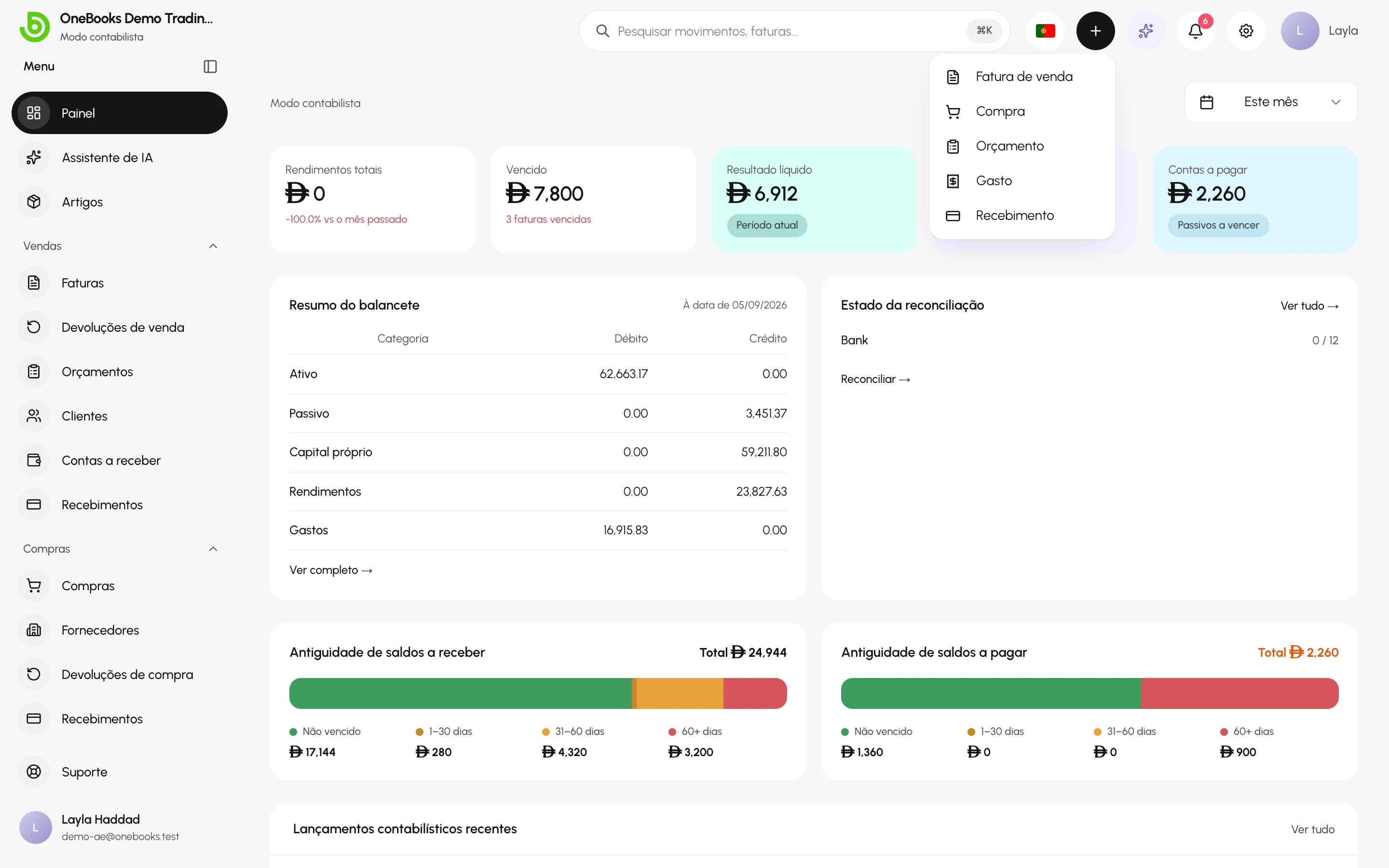 O menu Criação rápida aberto no cabeçalho