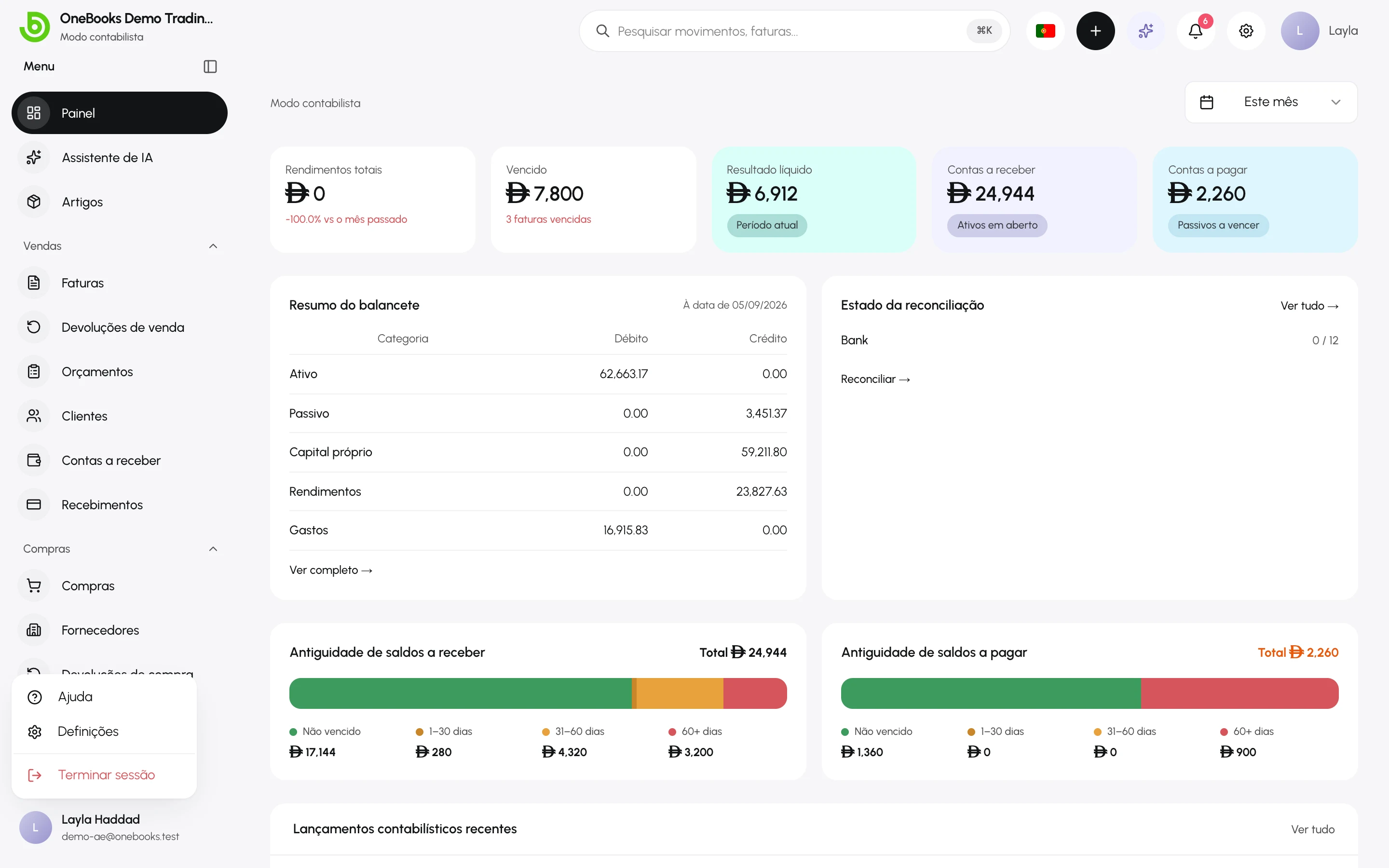 O menu de utilizador no fundo da barra lateral, com Ajuda, Definições e Terminar sessão