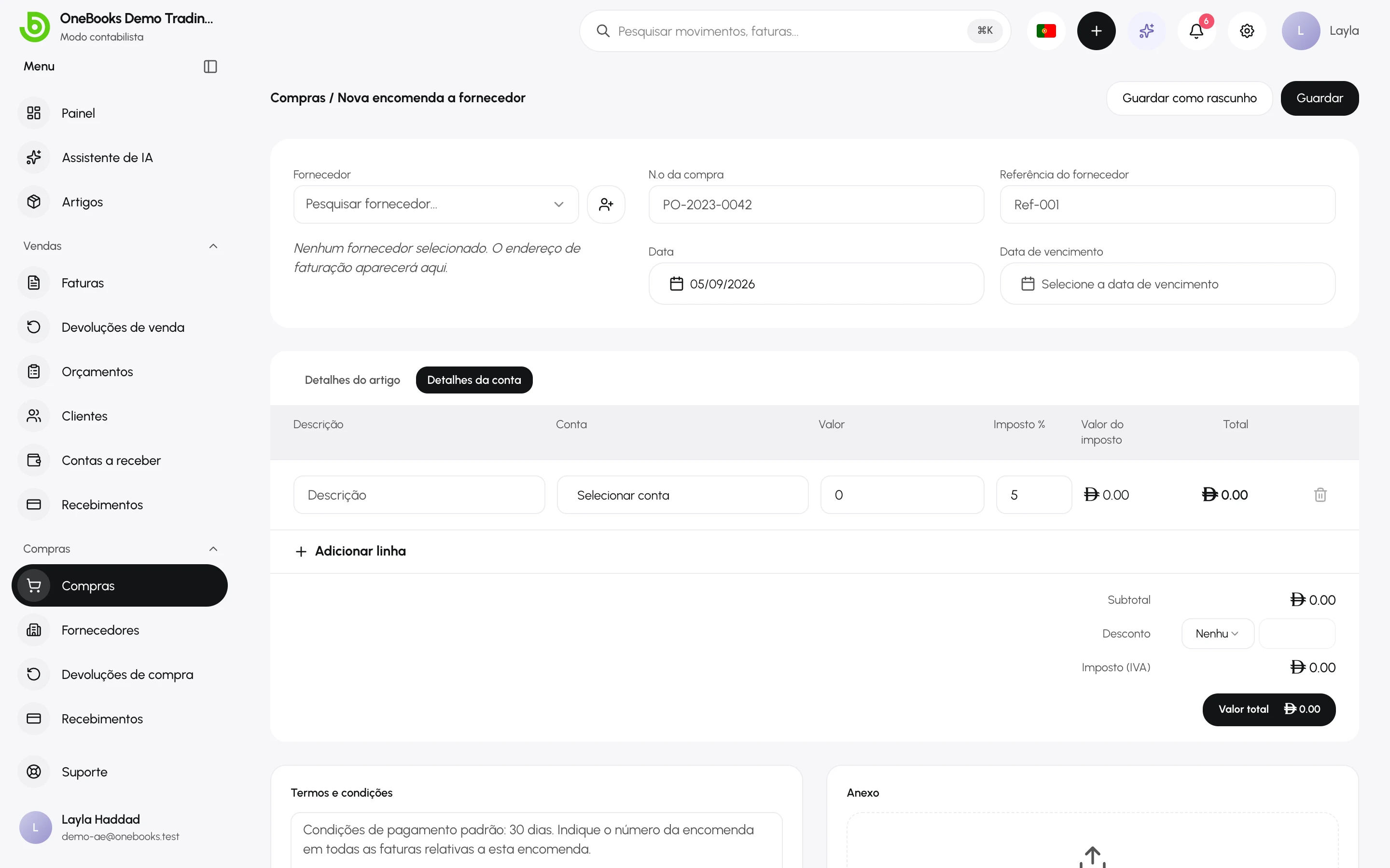 O separador Detalhes da conta com um seletor de conta por linha
