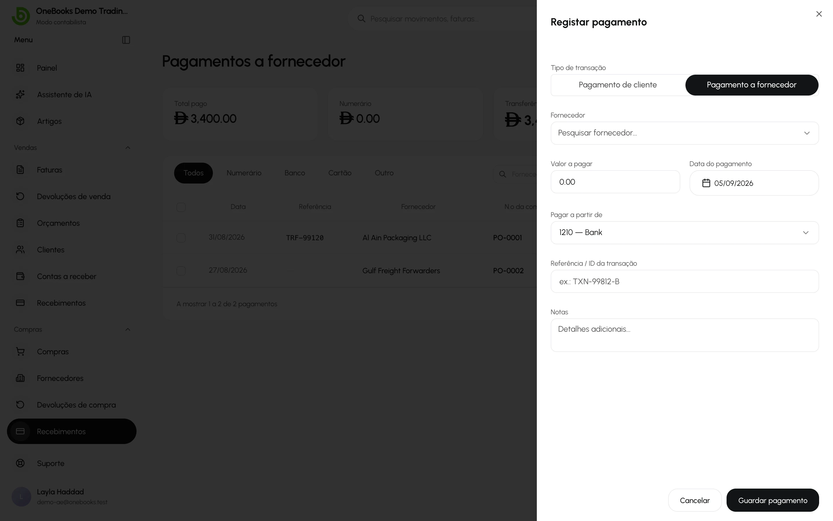 A janela de pagamento independente a fornecedor com a imputação às compras