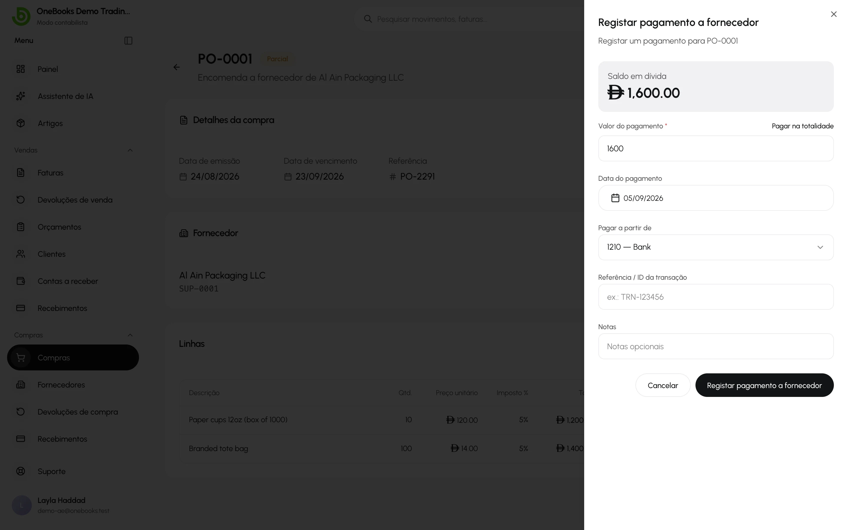 A janela Registar pagamento a fornecedor numa compra