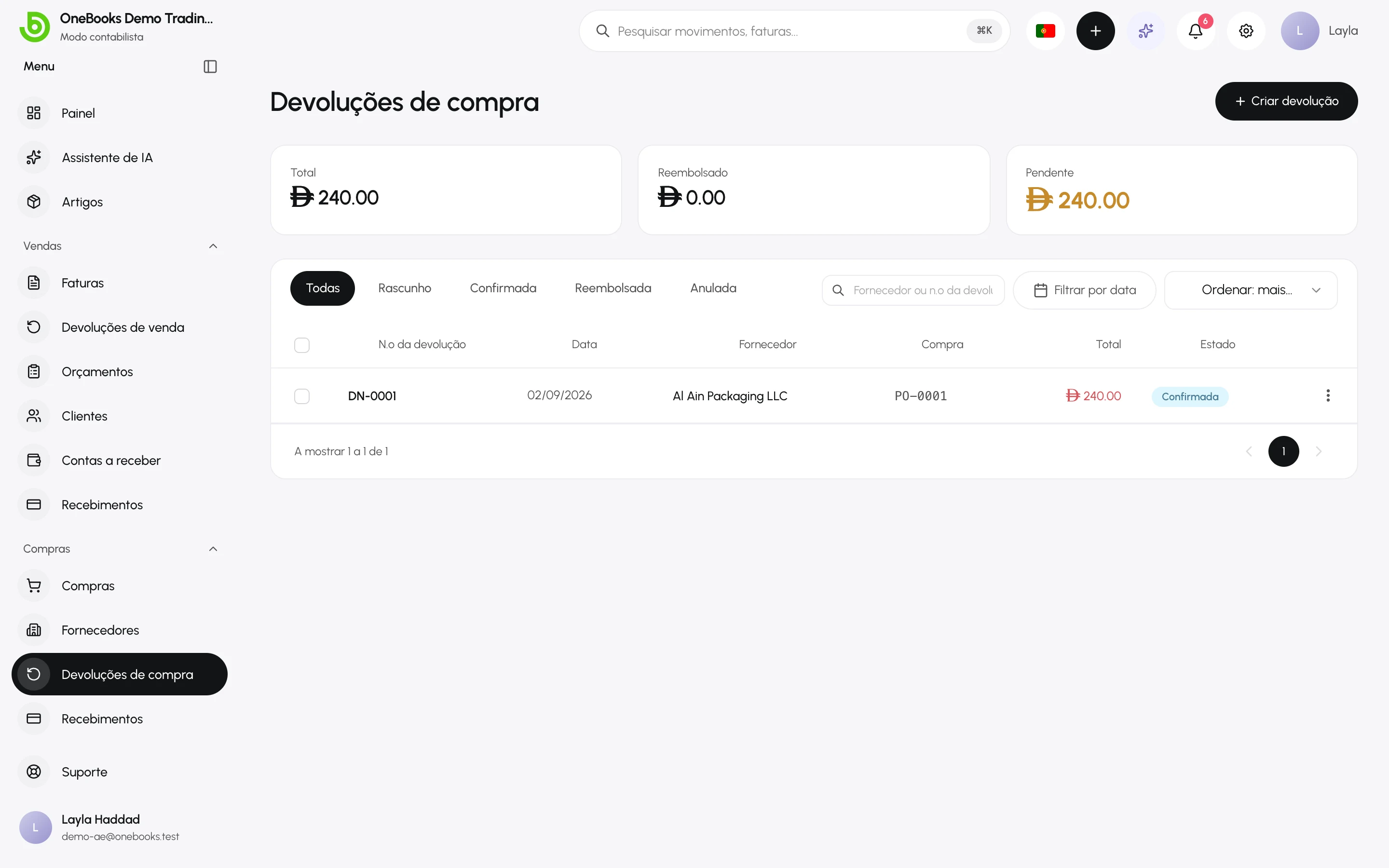 A lista de devoluções de compra