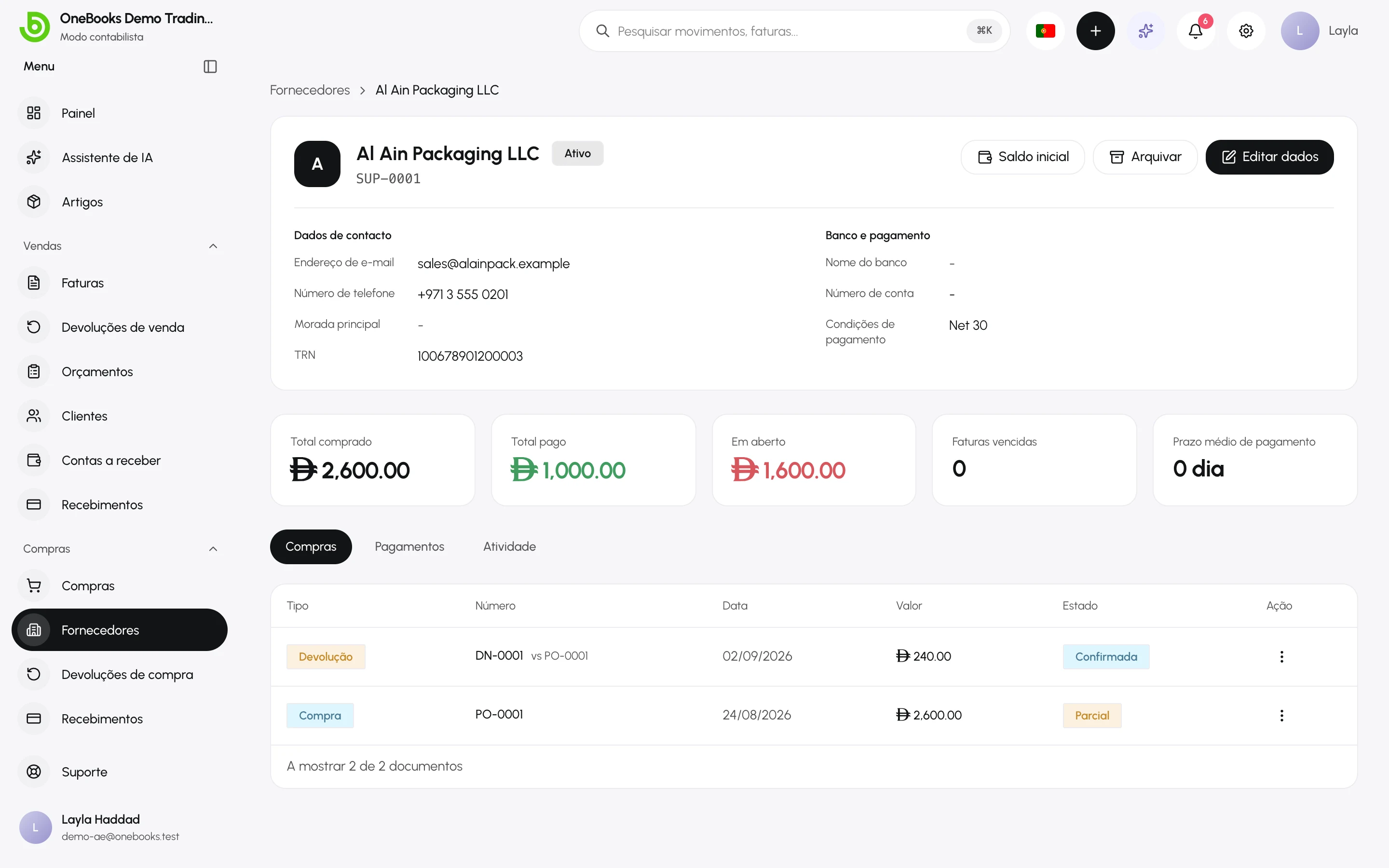 A página de um fornecedor com saldo, compras, pagamentos e atividade