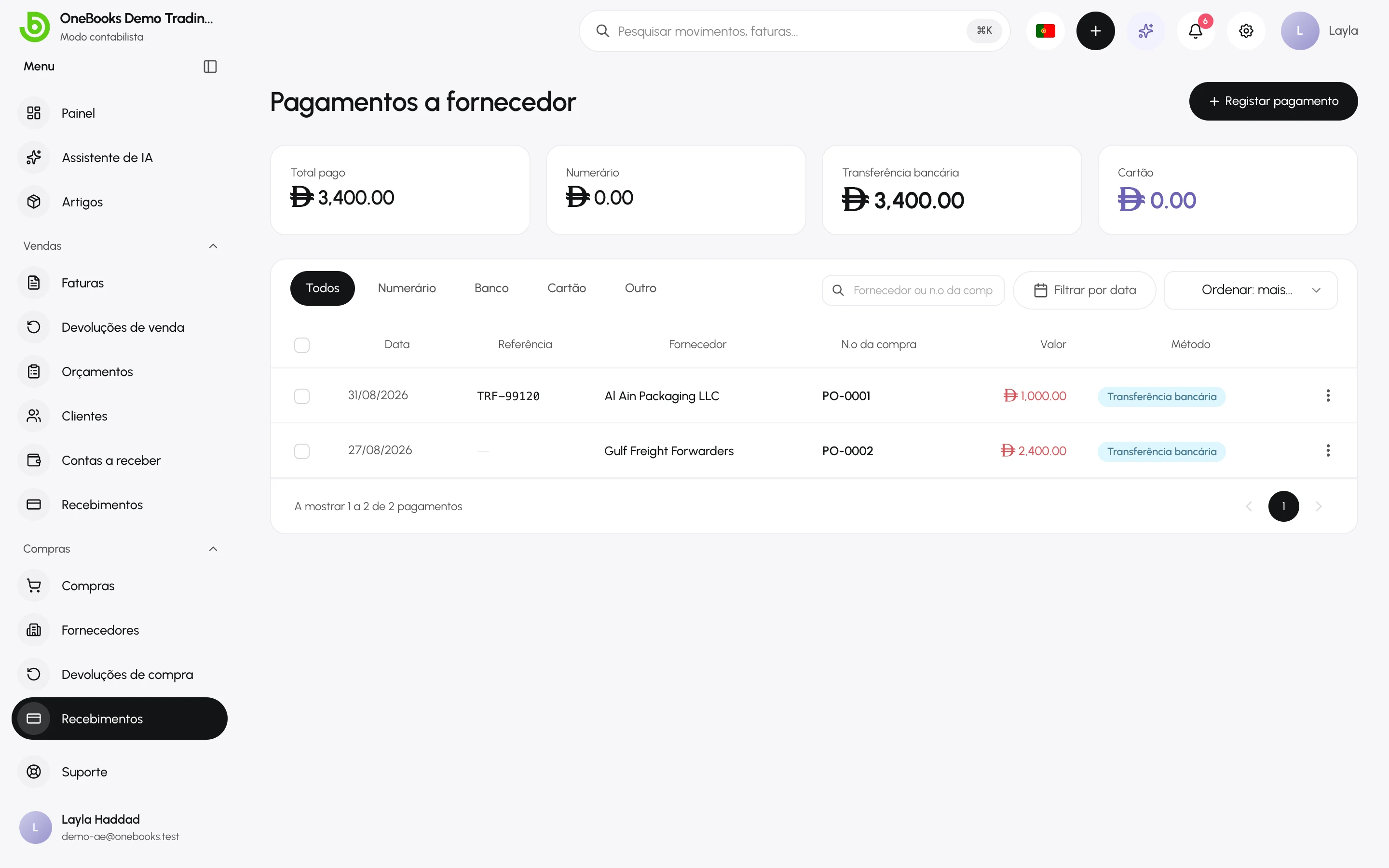 A lista de pagamentos a fornecedor com os totais por método