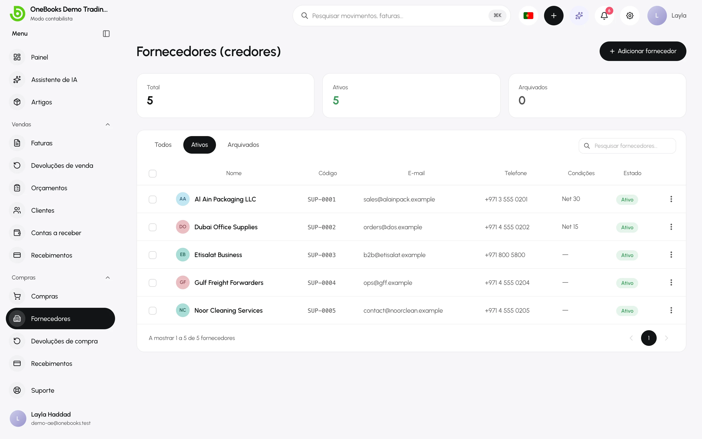 A lista de fornecedores com pesquisa e saldos