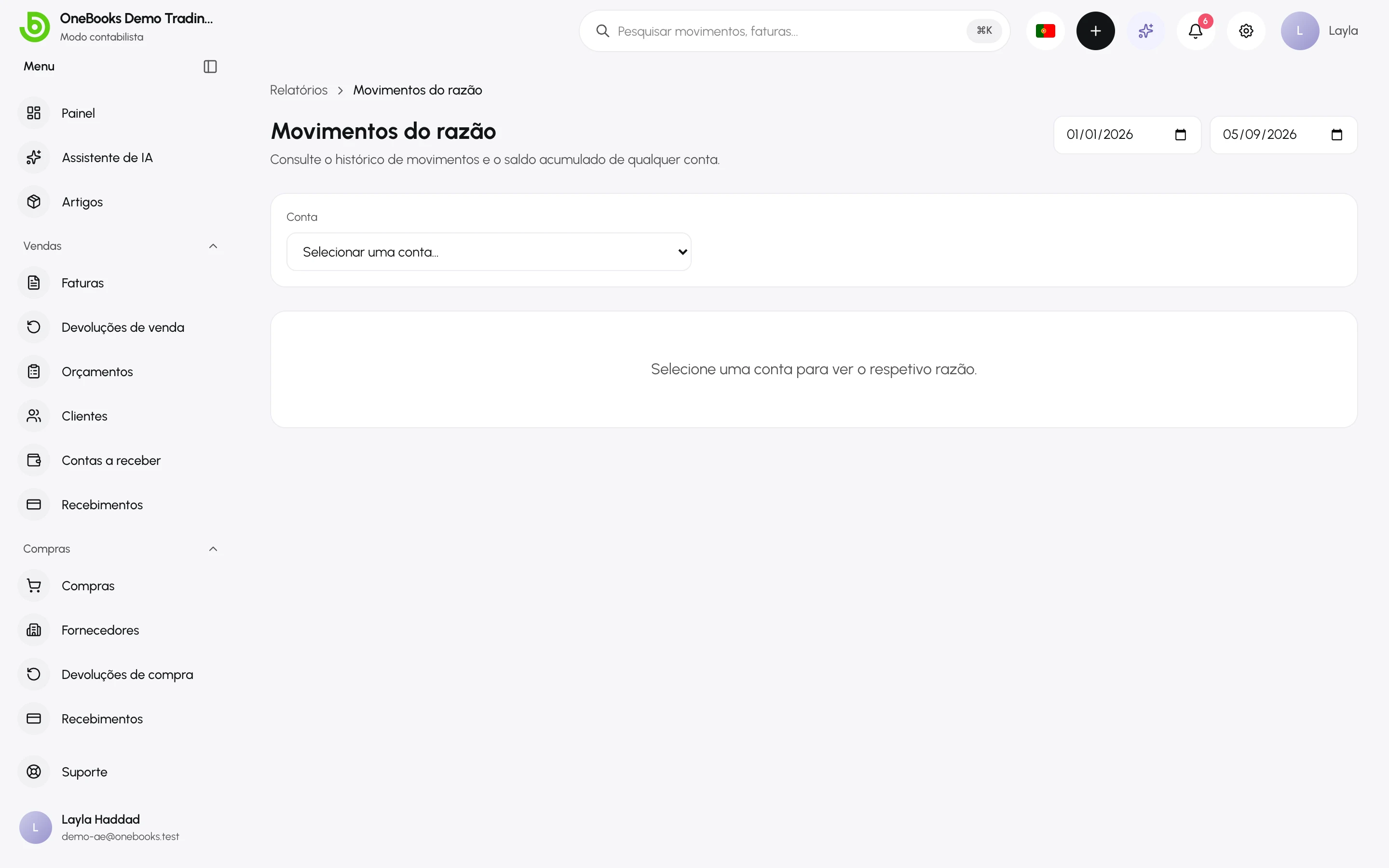 O relatório Movimentos do razão para uma conta selecionada, com o saldo acumulado