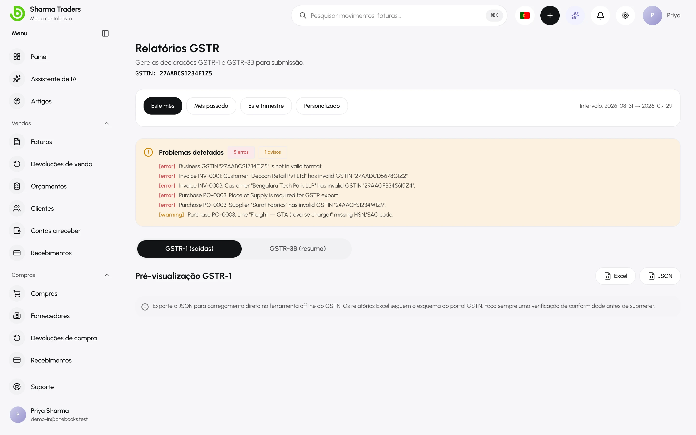 A pré-visualização da GSTR-1 com as secções B2B, B2CS e HSN