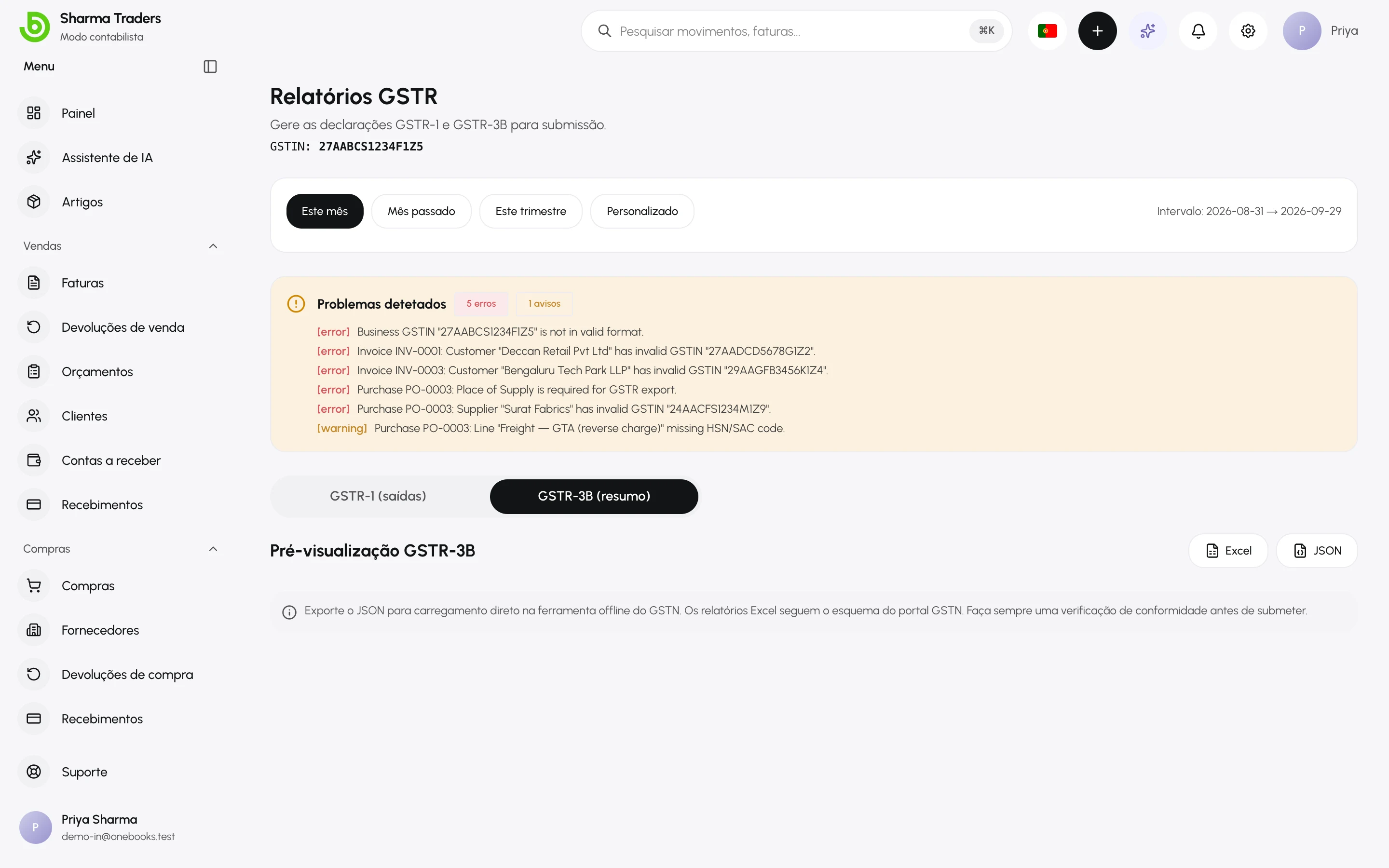 A pré-visualização da GSTR-3B com os totais por secção