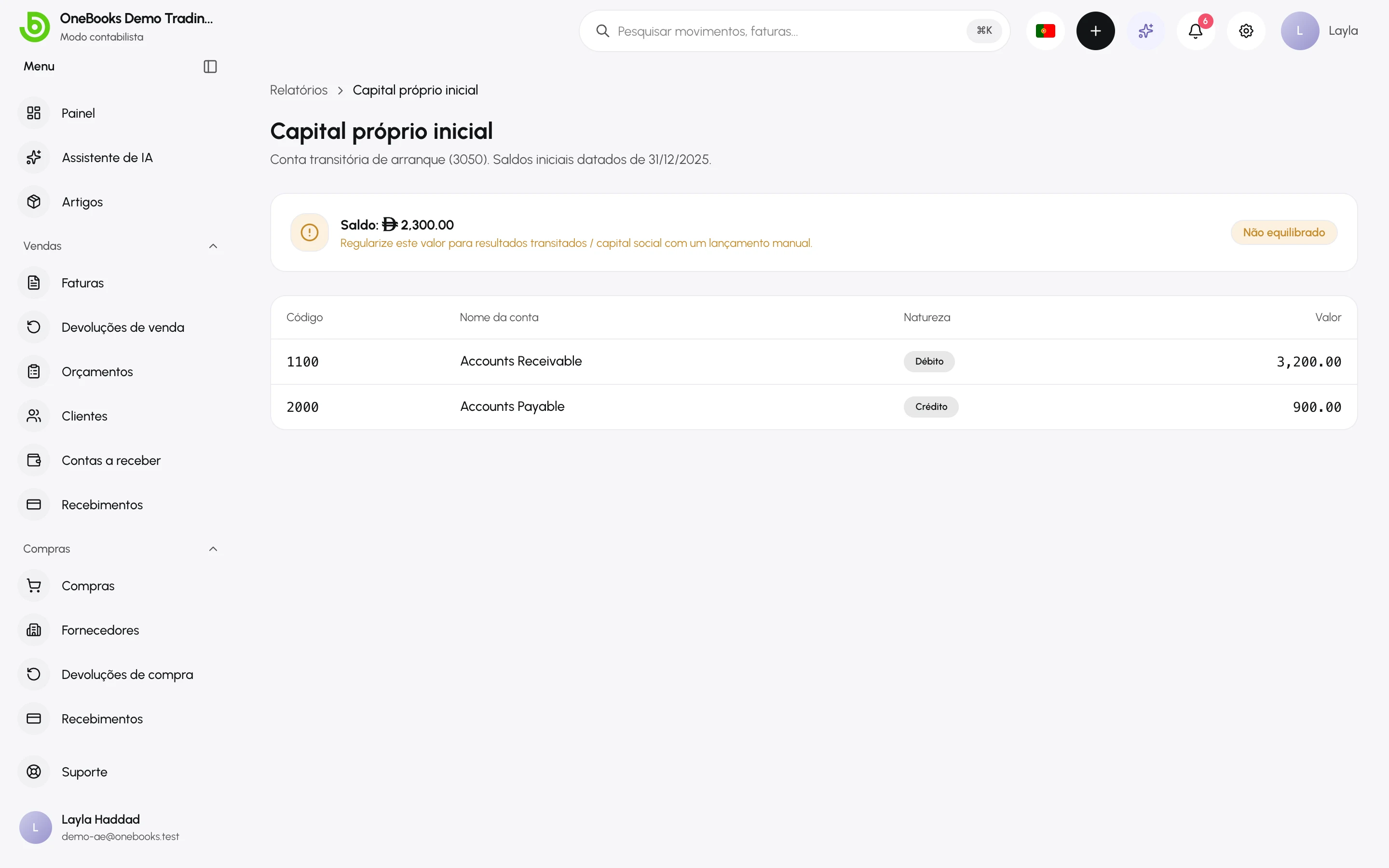 O relatório Capital próprio inicial com a lista dos lançamentos iniciais