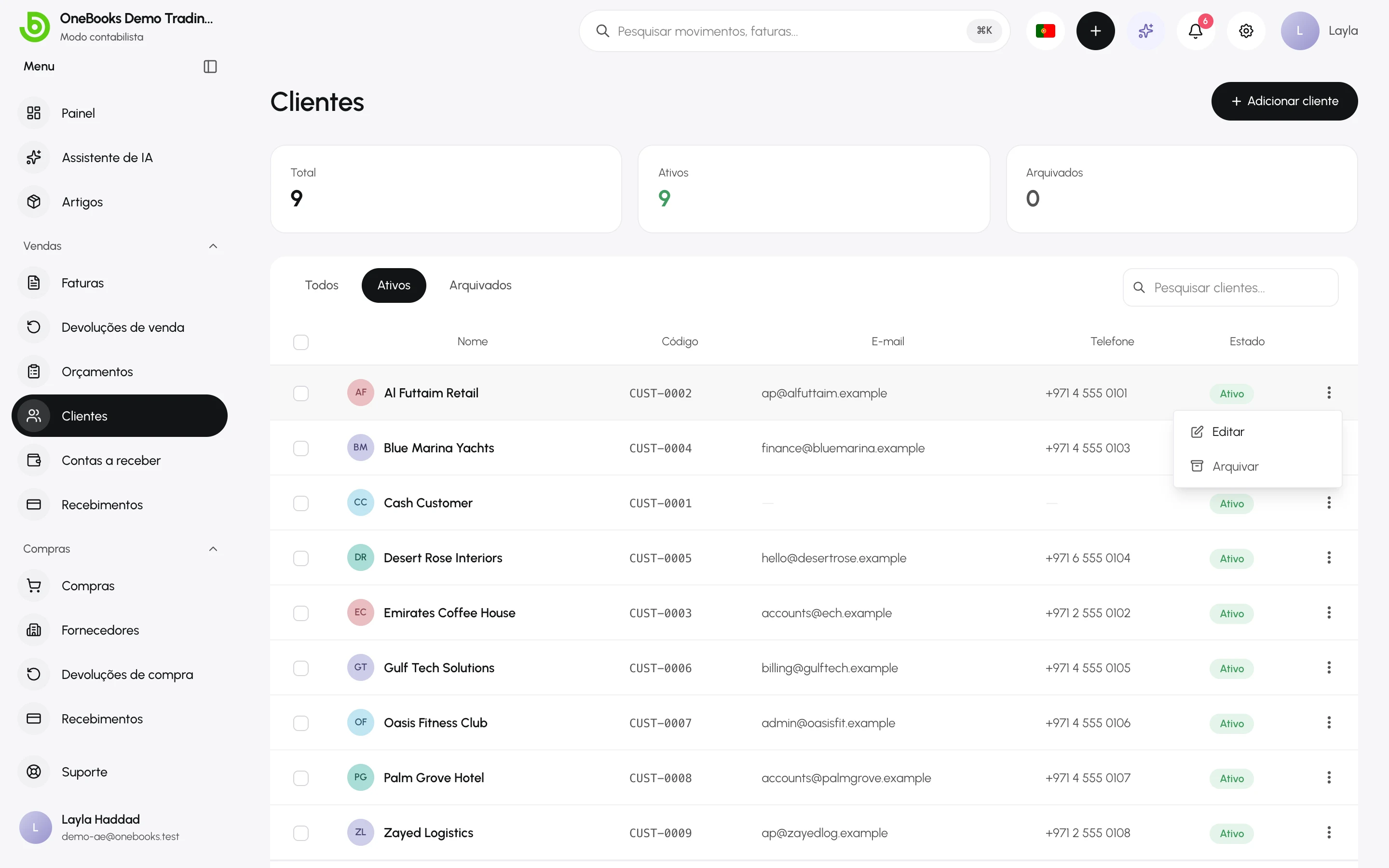 O menu de ações da linha do cliente com Editar, Arquivar e Eliminar