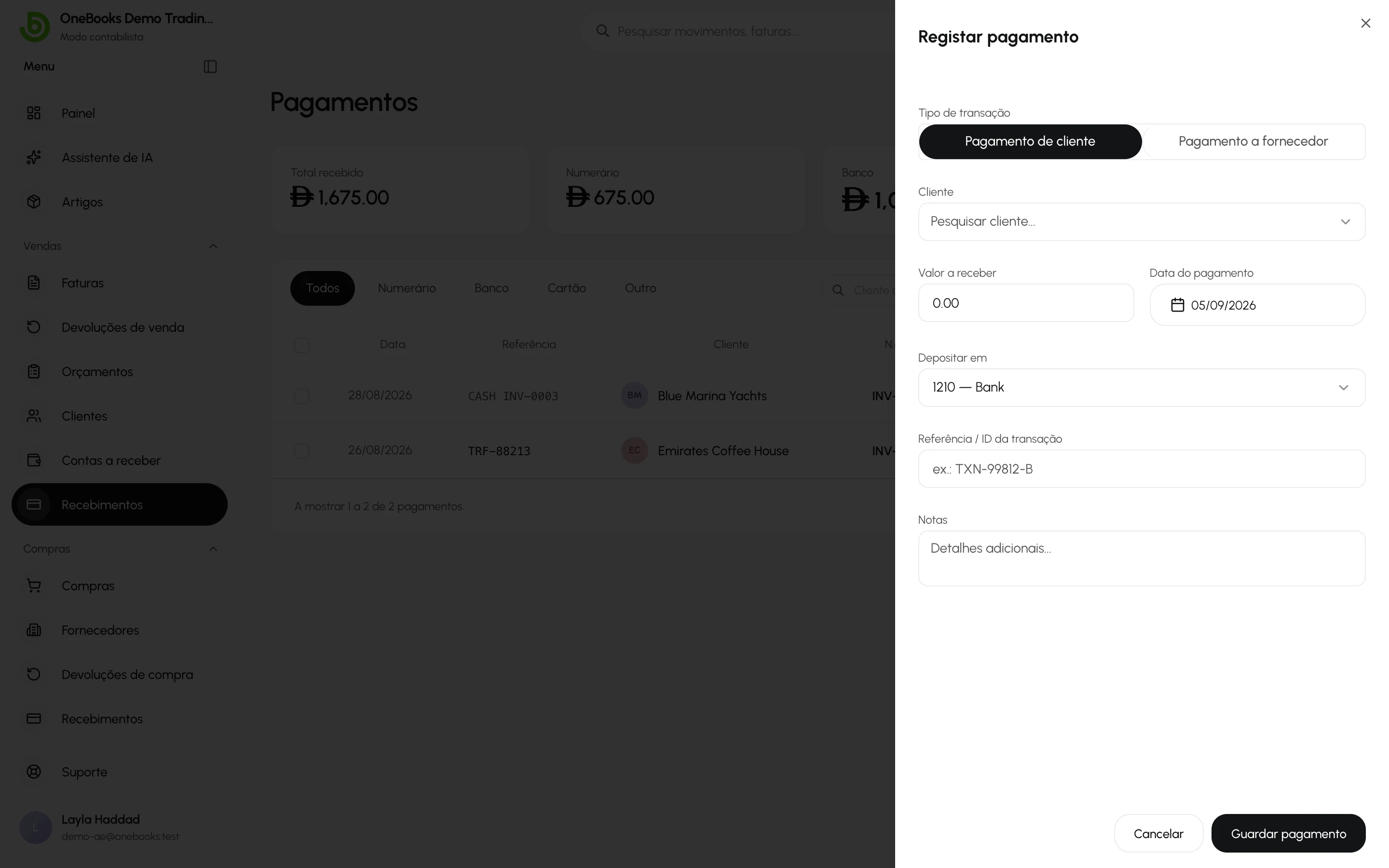 A janela Registar pagamento avulso com a imputação às faturas