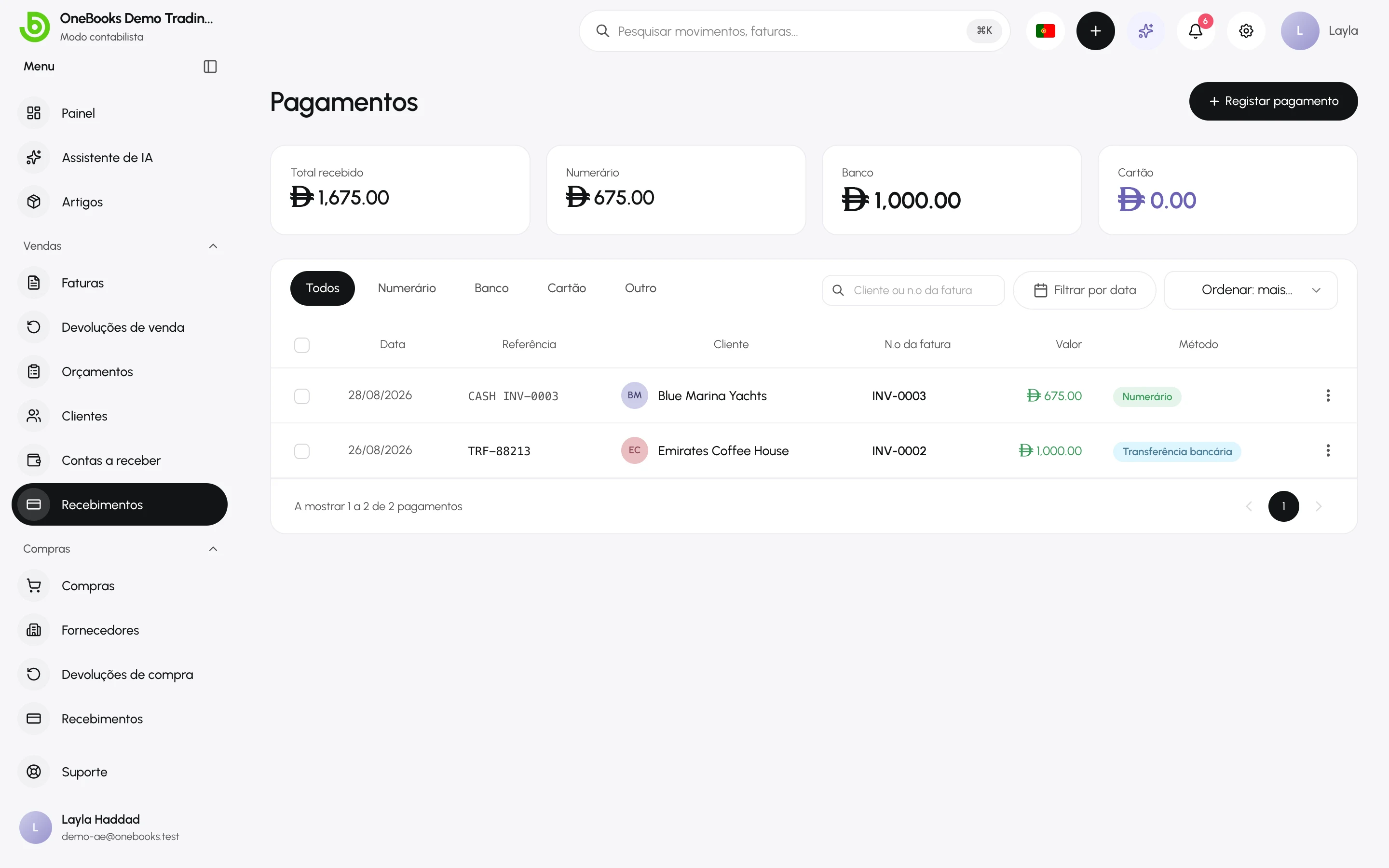 A lista de pagamentos com os totais por método e o botão Registar pagamento
