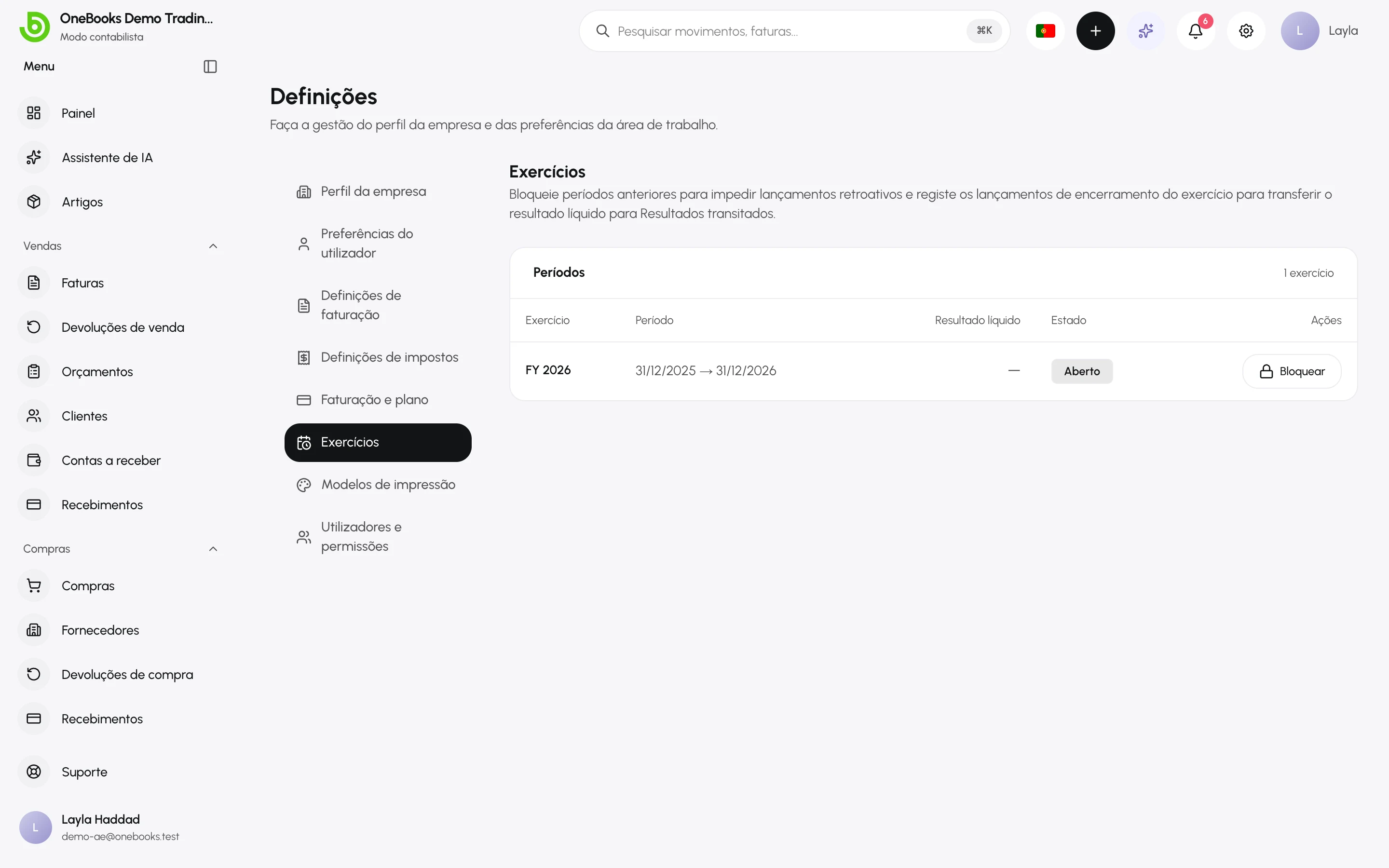 A tabela de exercícios com período, resultado líquido, estado e ações