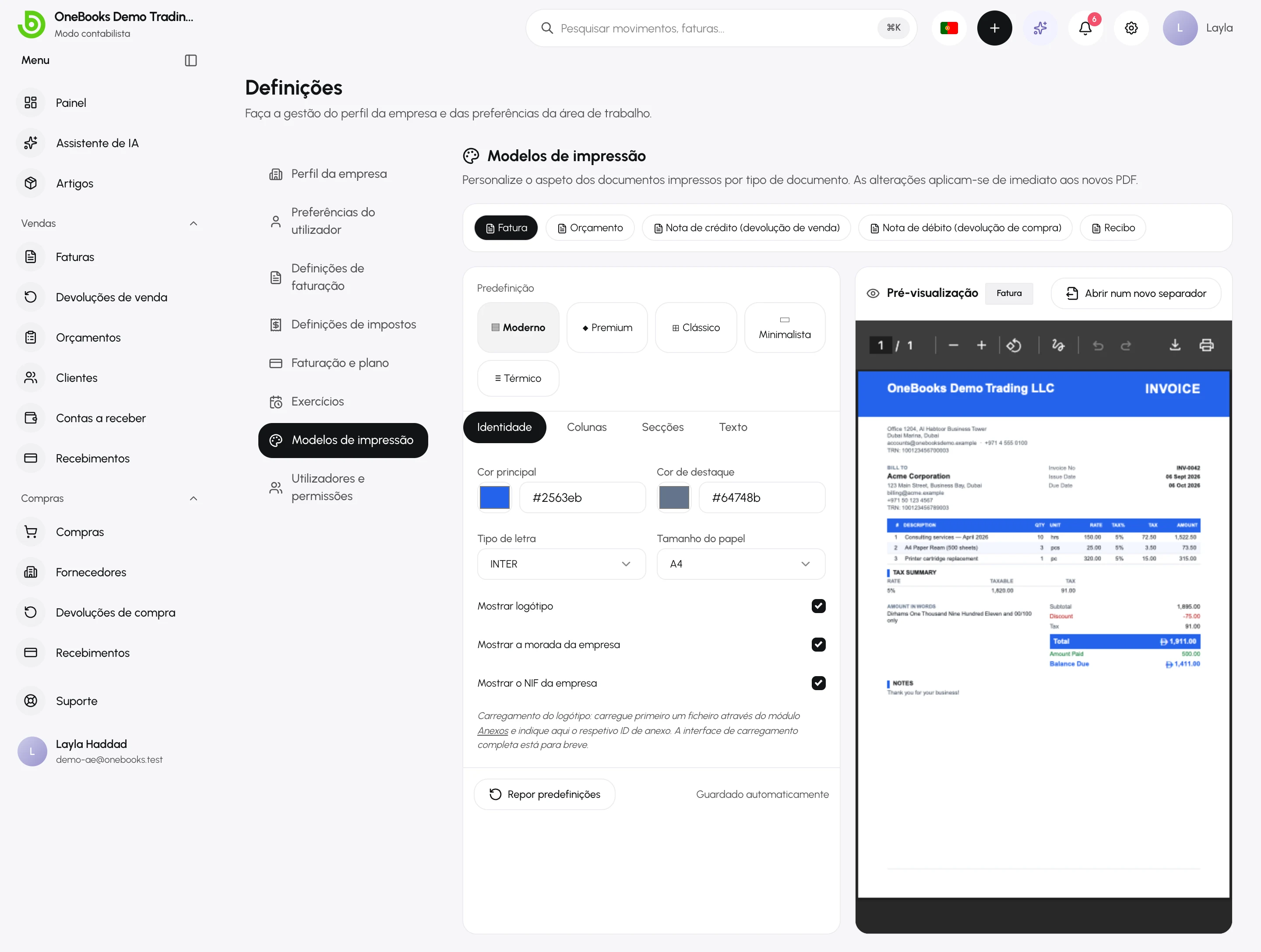 O editor de modelos com a predefinição, o tipo de letra, o tamanho do papel, o logótipo e uma pré-visualização em direto