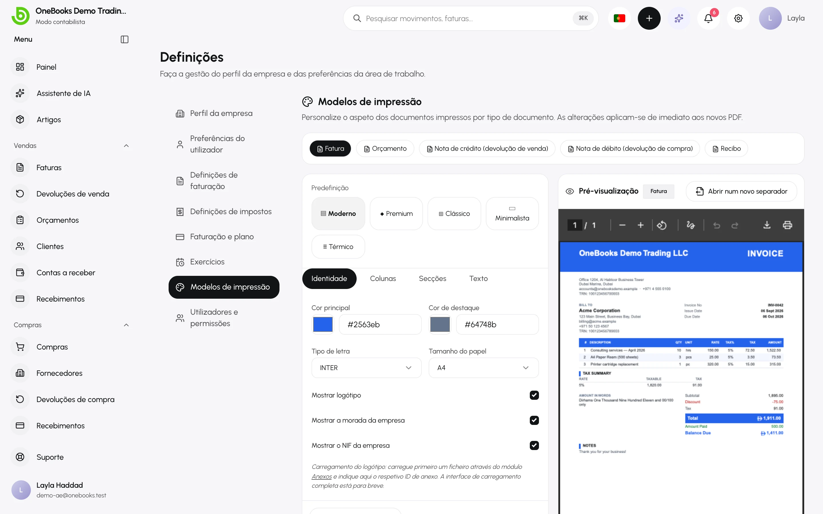 As definições de Modelos de impressão, com um cartão por tipo de documento