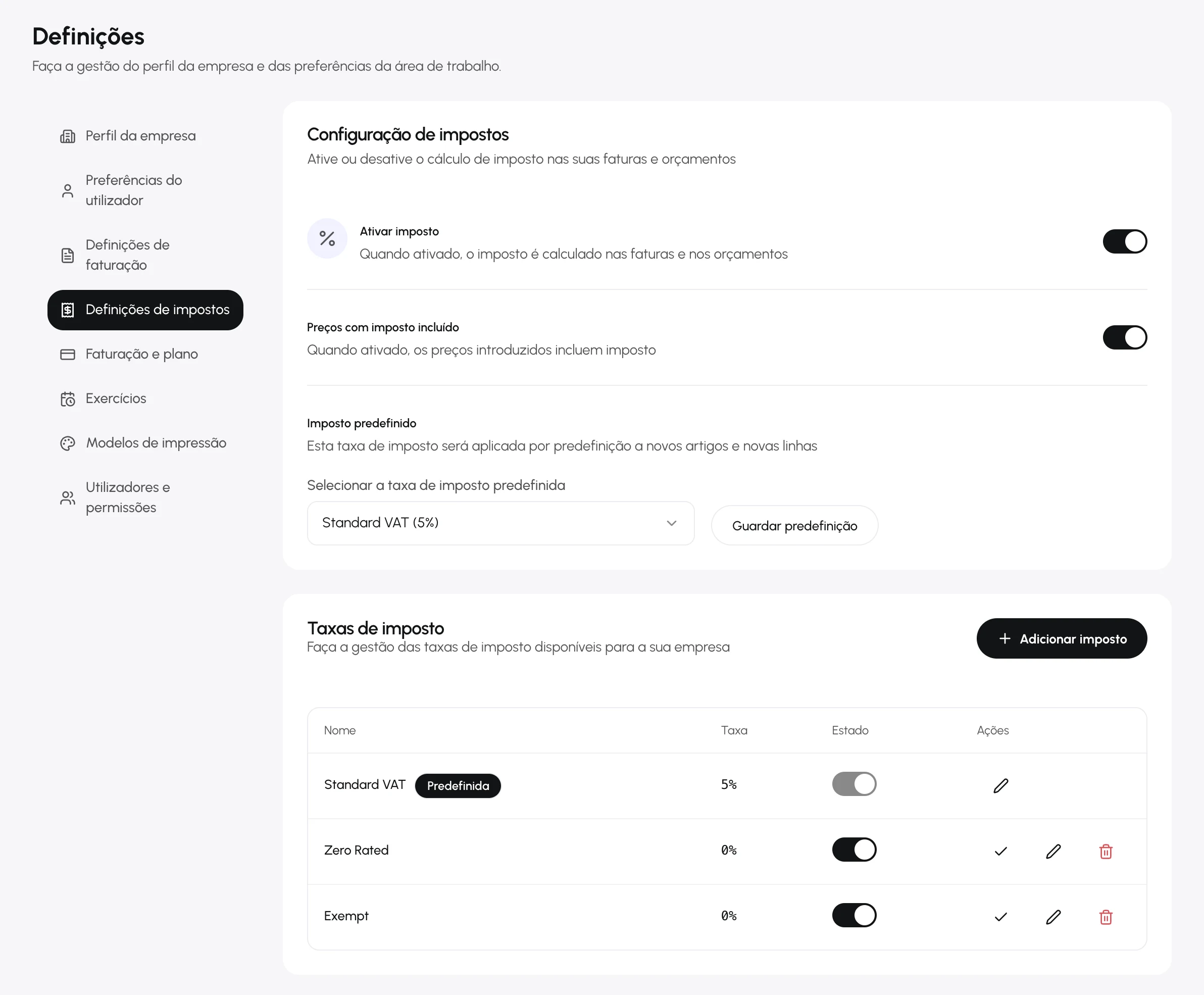 O cartão Configuração de impostos com o interruptor Preços com imposto incluído