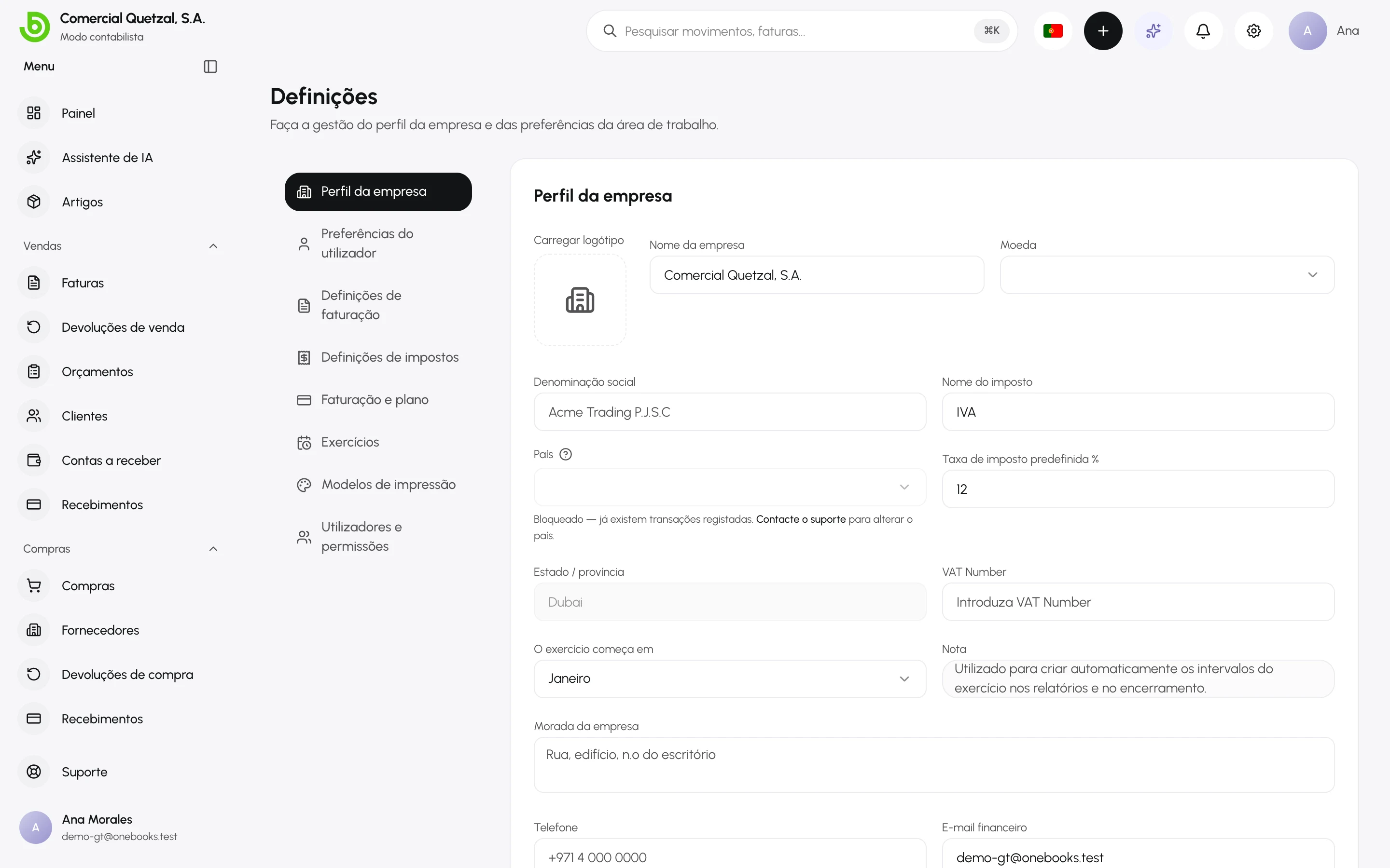 As definições da empresa de um negócio guatemalteco, na interface em espanhol